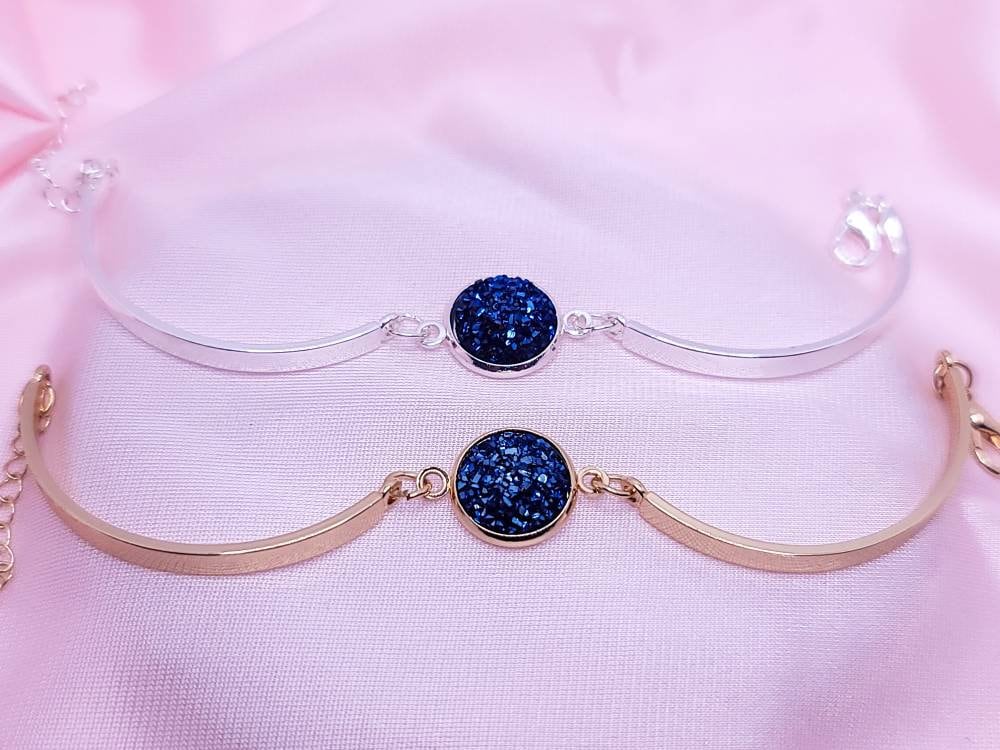 Dainty Druzy Bangle Bracelet | Silver or Gold Adjustable Cuff Bracelets| Minimalist Druzy Charm Cuff Bangles | Gift for Her