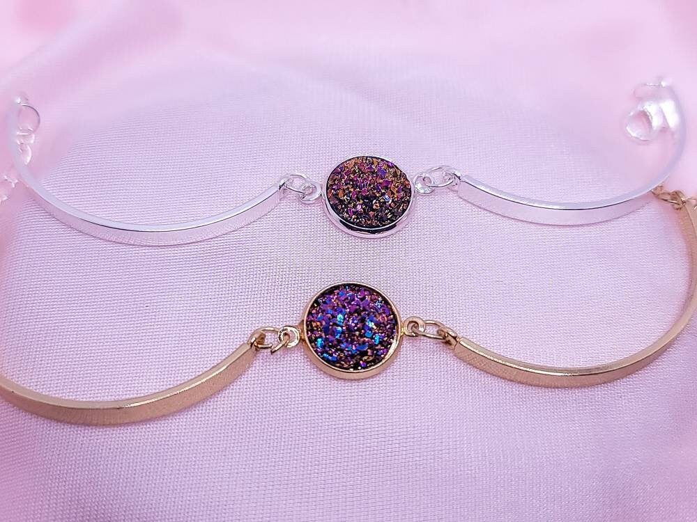 Dainty Druzy Bangle Bracelet | Silver or Gold Adjustable Cuff Bracelets| Minimalist Druzy Charm Cuff Bangles | Gift for Her
