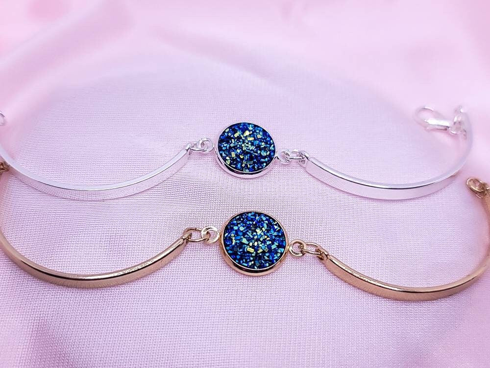 Dainty Druzy Bangle Bracelet | Silver or Gold Adjustable Cuff Bracelets| Minimalist Druzy Charm Cuff Bangles | Gift for Her