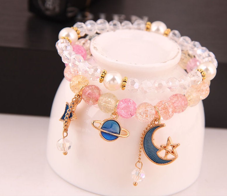 Moon and Stars Bracelet Set | Beaded Bracelets | Crystal Bracelets | Stackable Adjustable | Moon, Stars, Planet | Women Bracelet Set