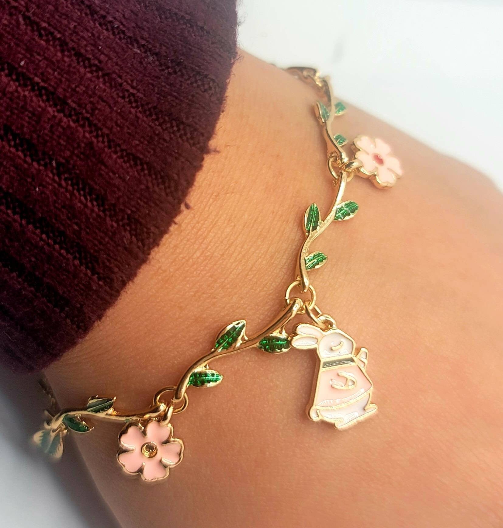 Bunny Charm Bracelet | Sakura Cherry Blossom Bracelet | Leaf Vine Bracelet | Japanese Lolita Fashion | Animal Jewelry