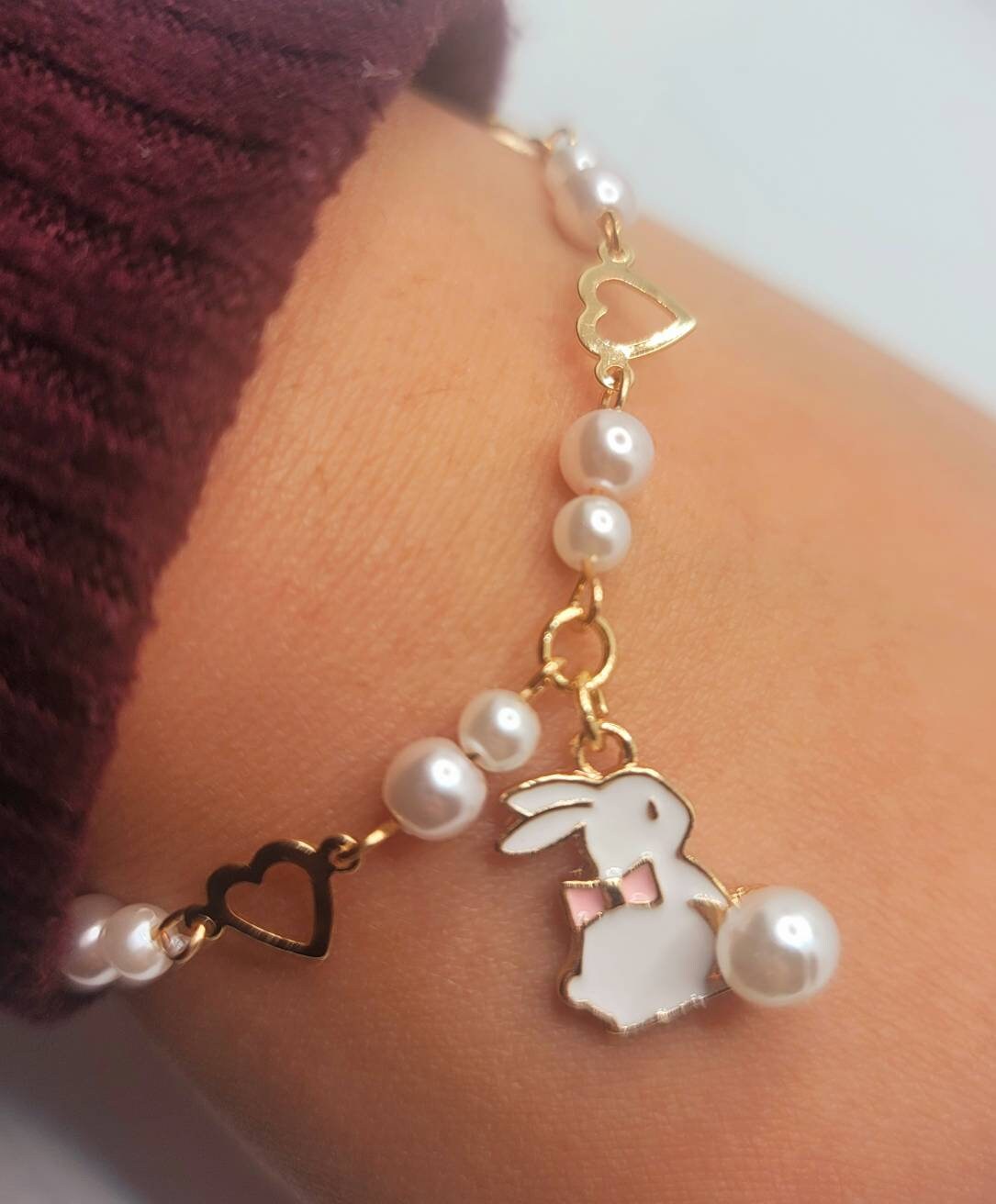 White Bunny Charm Bracelet| Gold Easter Rabbit Charm Bracelet | Dainty Hollow Hearts and Pearls Bracelet | Sitting Bunny Bow