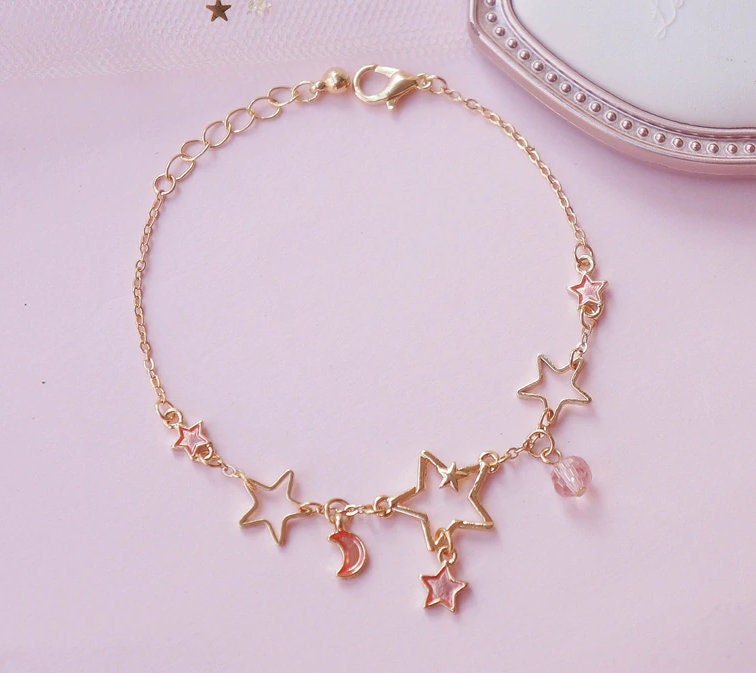 Celestial Crescent Moon Stars Galaxy Beads Kawaii Cute Delicate Girly Enamel Women Link Charm Bracelet Japanese Style