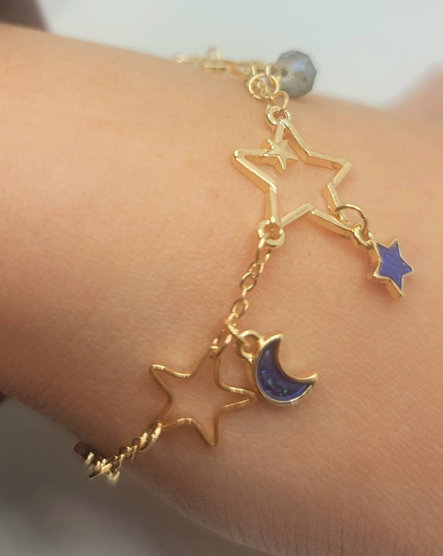 Celestial Crescent Moon Stars Galaxy Beads Kawaii Cute Delicate Girly Enamel Women Link Charm Bracelet Japanese Style