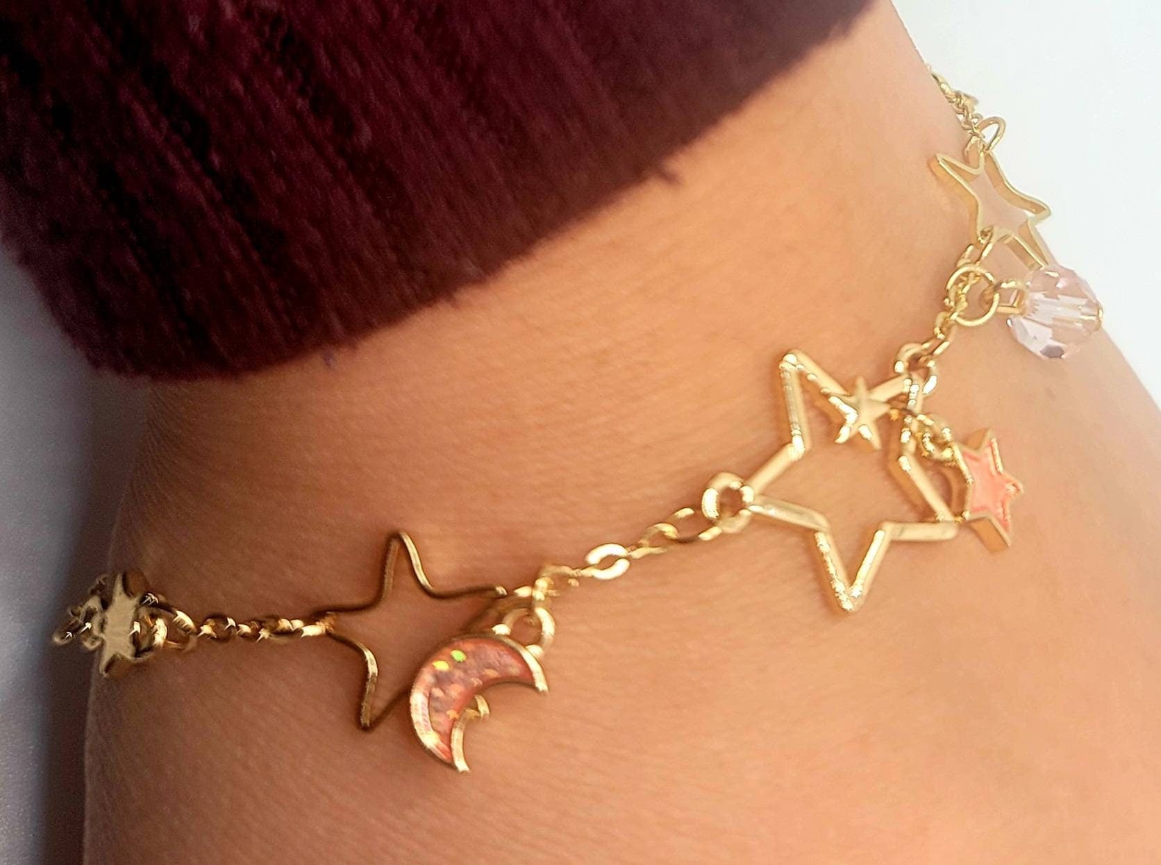 Celestial Crescent Moon Stars Galaxy Beads Kawaii Cute Delicate Girly Enamel Women Link Charm Bracelet Japanese Style