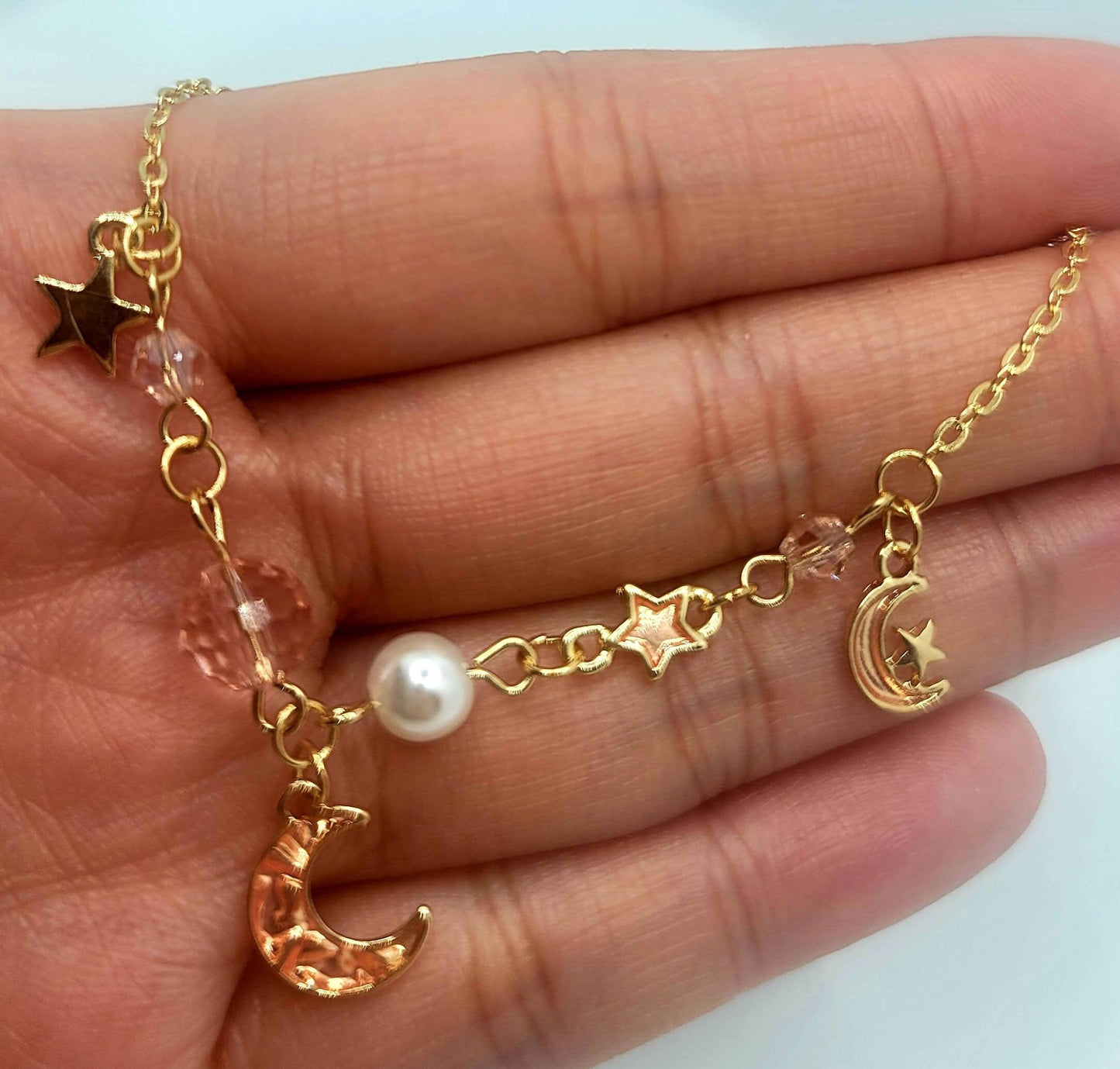 Pink Crescent Moon Bracelet | Enamel Moon Stars| Gold Plated Pearls Bracelet