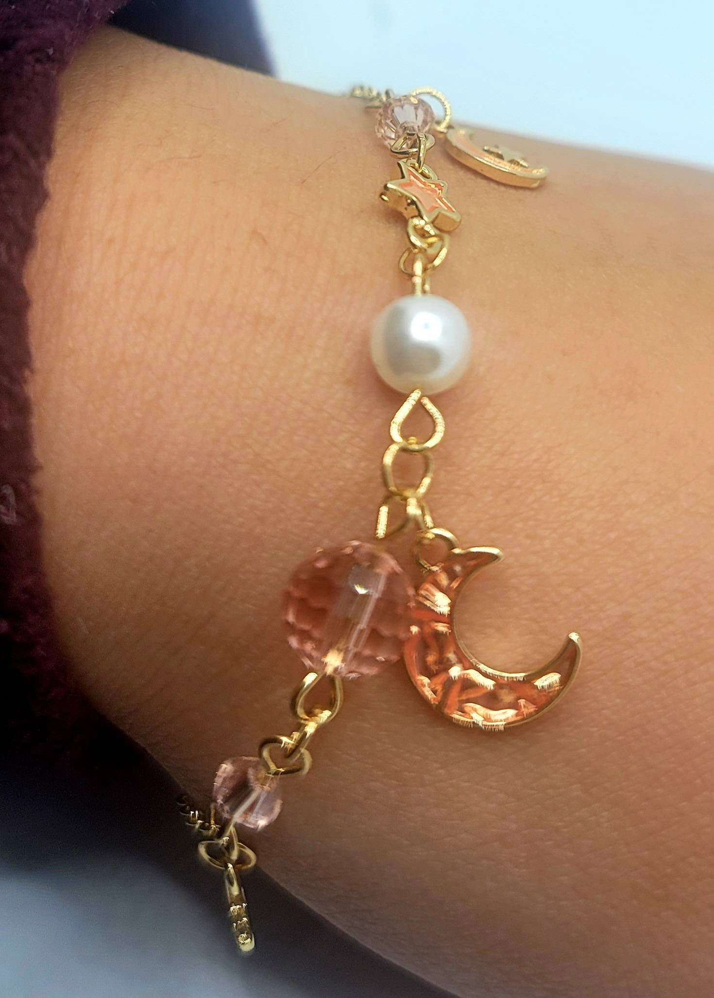 Pink Crescent Moon Bracelet | Enamel Moon Stars| Gold Plated Pearls Bracelet