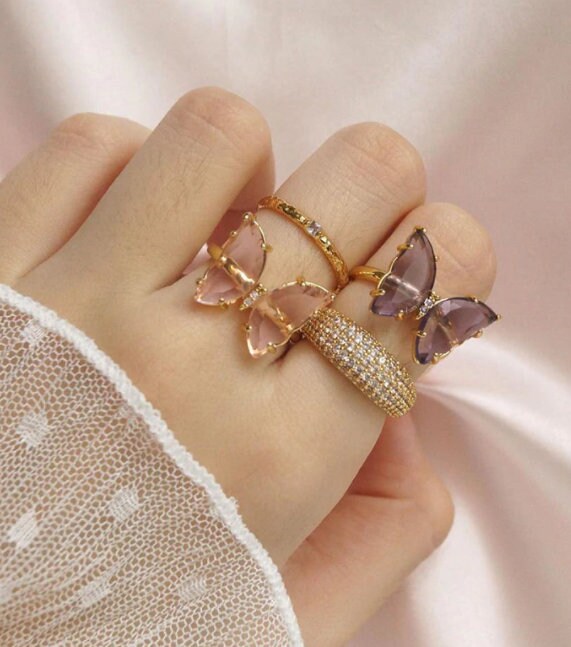 Adjustable Butterfly Ring |Gold Plated Mariposa Ring| Transparent Glass Spring Butterfly| Mother's Day| Boho Chic