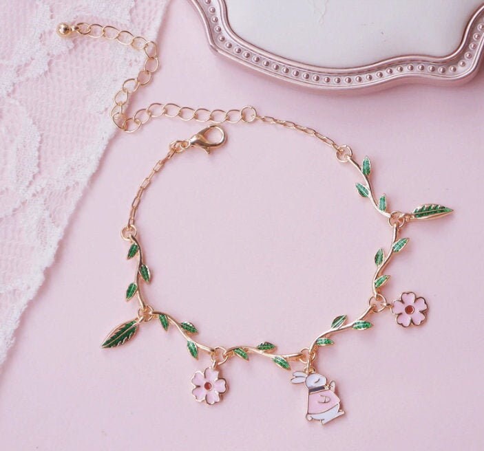 Bunny Charm Bracelet | Sakura Cherry Blossom Bracelet | Leaf Vine Bracelet | Japanese Lolita Fashion | Animal Jewelry