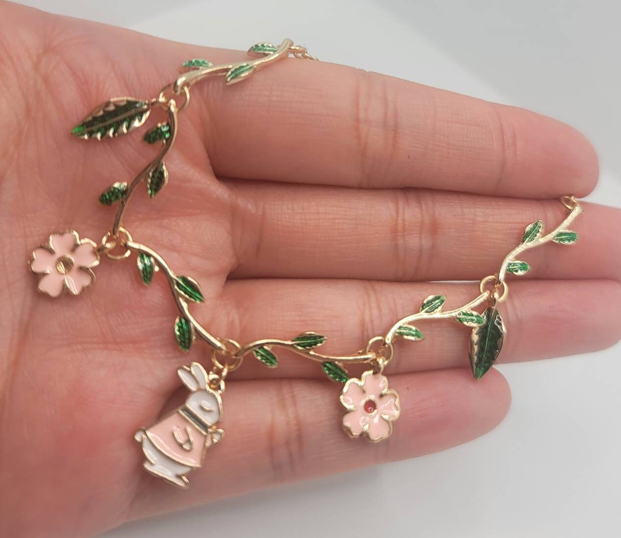 Bunny Charm Bracelet | Sakura Cherry Blossom Bracelet | Leaf Vine Bracelet | Japanese Lolita Fashion | Animal Jewelry