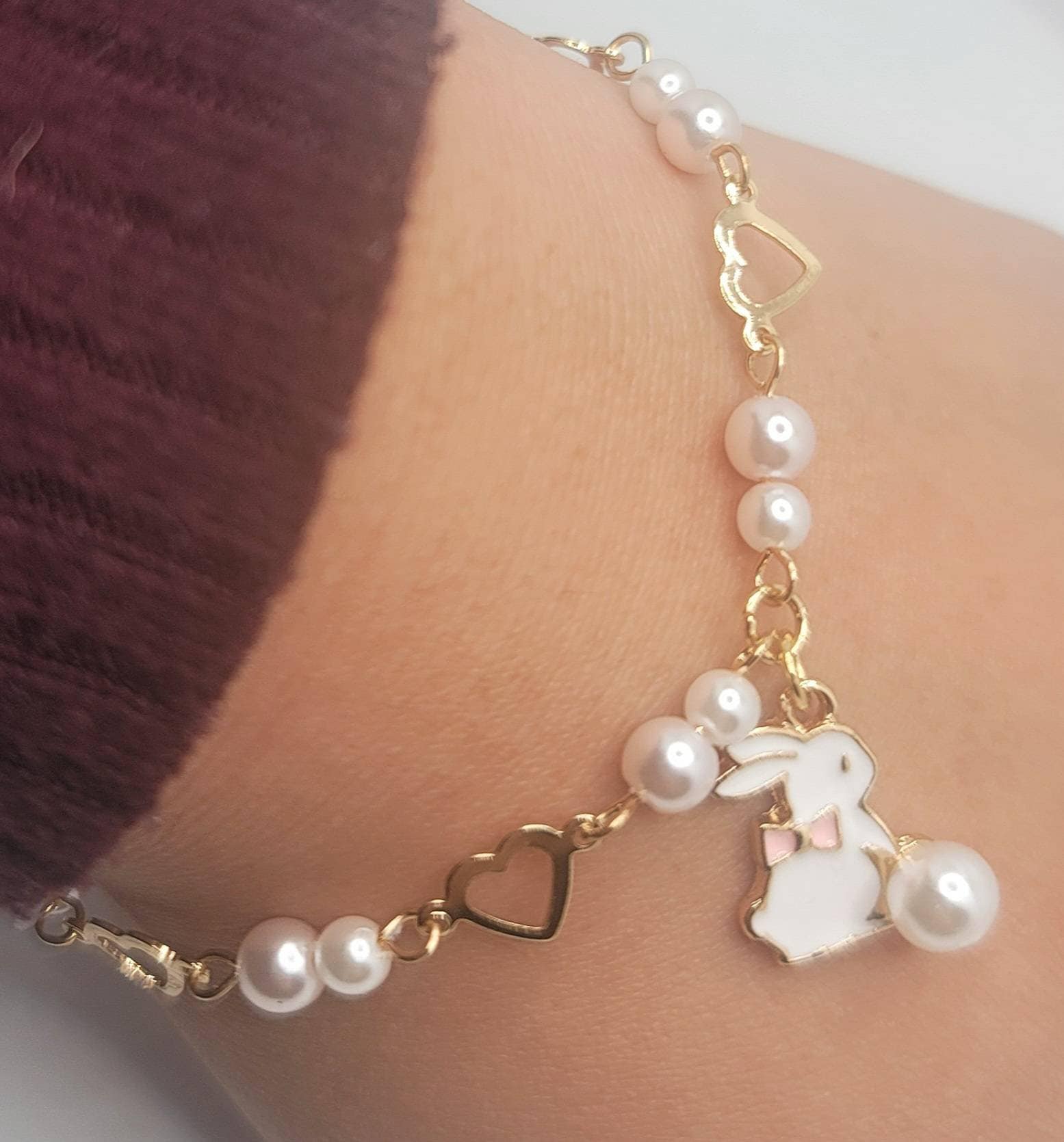 White Bunny Charm Bracelet| Gold Easter Rabbit Charm Bracelet | Dainty Hollow Hearts and Pearls Bracelet | Sitting Bunny Bow