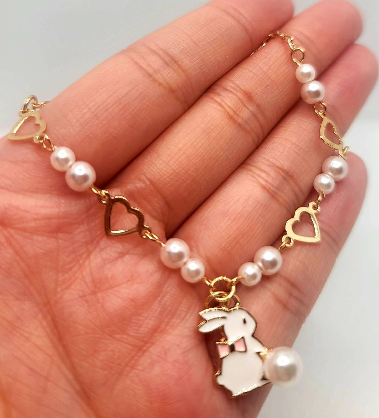 White Bunny Charm Bracelet| Gold Easter Rabbit Charm Bracelet | Dainty Hollow Hearts and Pearls Bracelet | Sitting Bunny Bow