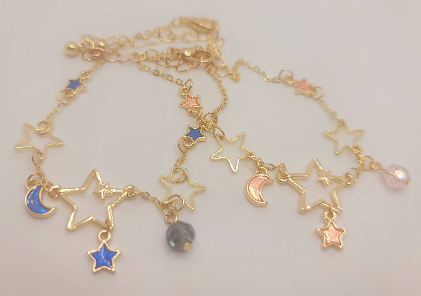 Celestial Crescent Moon Stars Galaxy Beads Kawaii Cute Delicate Girly Enamel Women Link Charm Bracelet Japanese Style