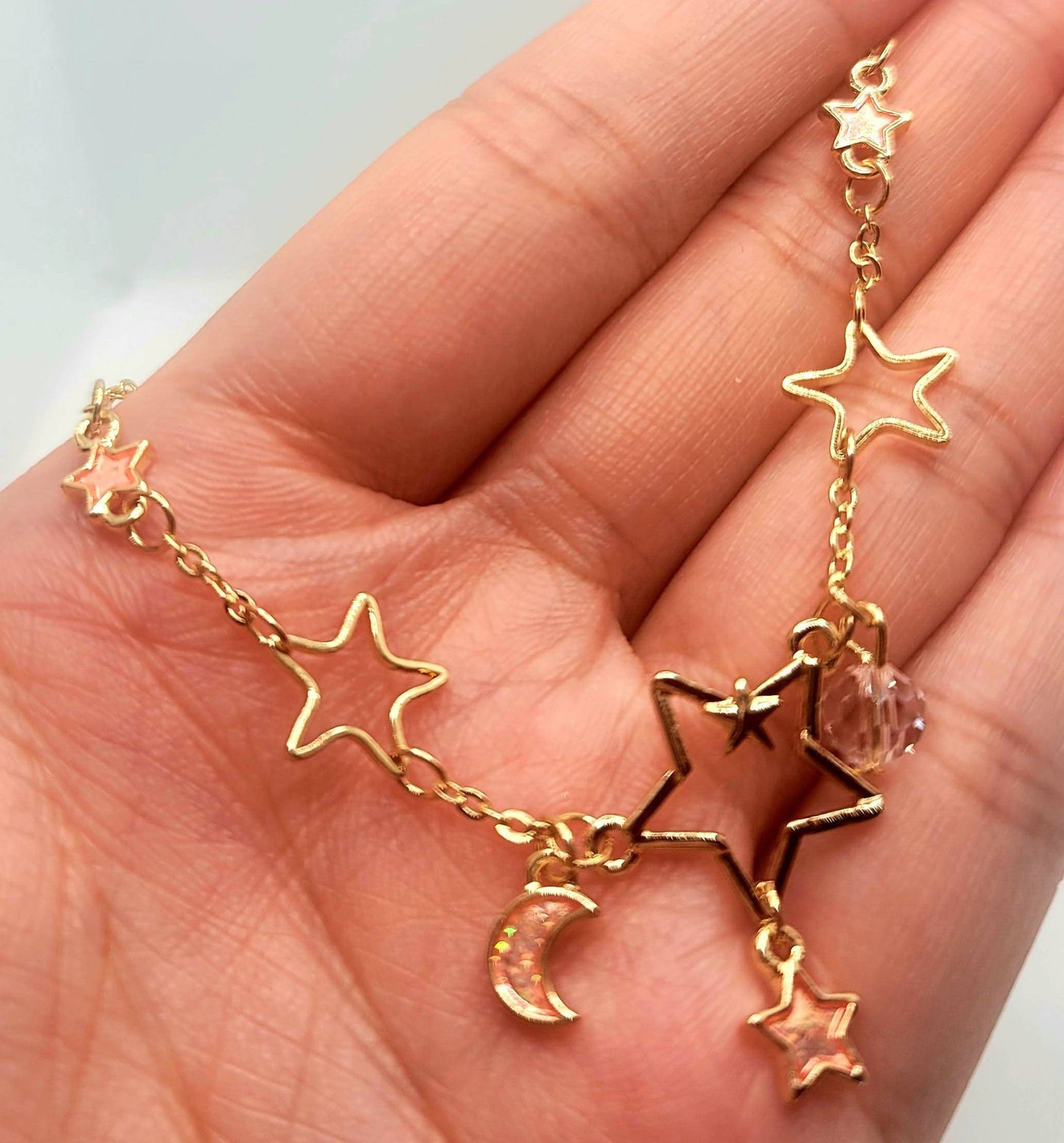 Celestial Crescent Moon Stars Galaxy Beads Kawaii Cute Delicate Girly Enamel Women Link Charm Bracelet Japanese Style