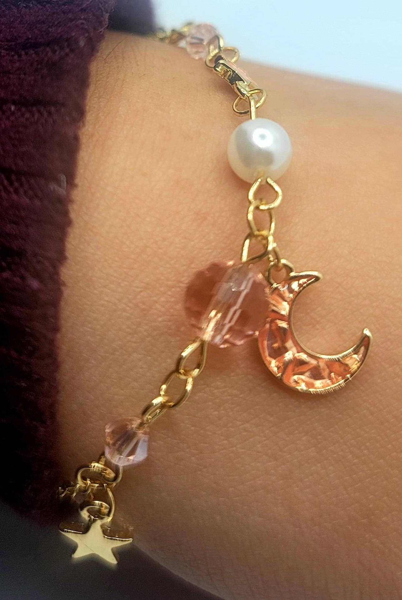 Pink Crescent Moon Bracelet | Enamel Moon Stars| Gold Plated Pearls Bracelet