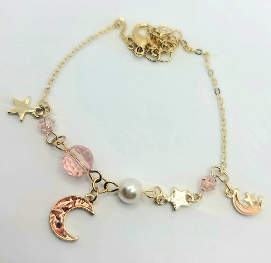 Pink Crescent Moon Bracelet | Enamel Moon Stars| Gold Plated Pearls Bracelet