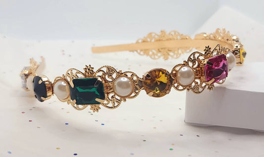 Multicolor Jewels & Pearls Headband Gold Large Colorful Gem Stone Headband Studded Multicolor Crystal