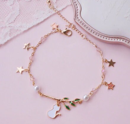 Cat Tree Branch Bracelet | Gold Stars Bracelet | Cat Charm Bracelet | Japanese Lolita | Kawaii Cute | Dainty Cat Stars Charm Bracelet