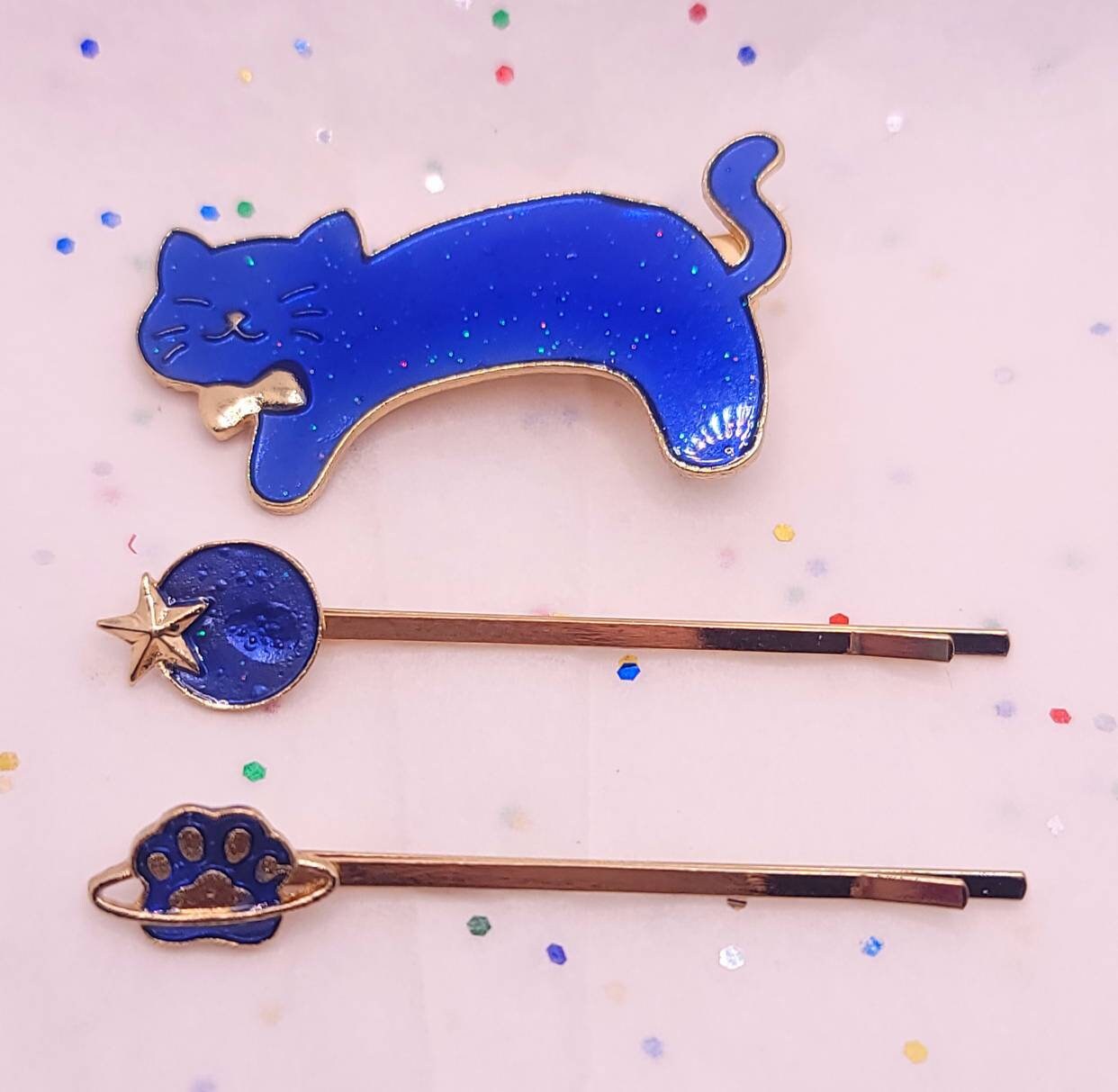 Galaxy Blue Cat Hair Clips | Stars Planet Hair Pin | Gold Bobby Pin | Enamel Hair Clips | Set of 3 |