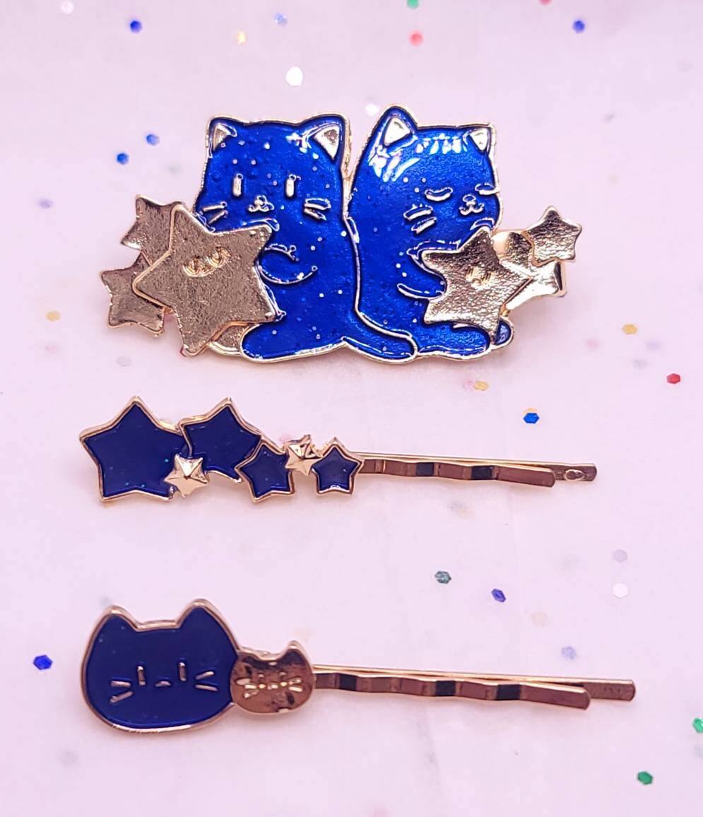 Galaxy Blue Cat Hair Clips | Stars Planet Hair Pin | Gold Bobby Pin | Enamel Hair Clips | Set of 3 |