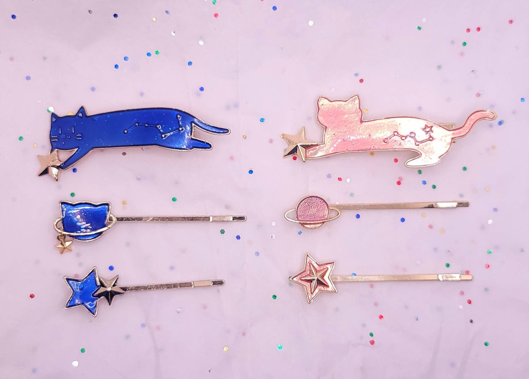 Starry Night Cat Enamel Hair Pins & Barrettes | Planet Stars Hairclips| Gold Hair Pins | Blue or Pink Cat