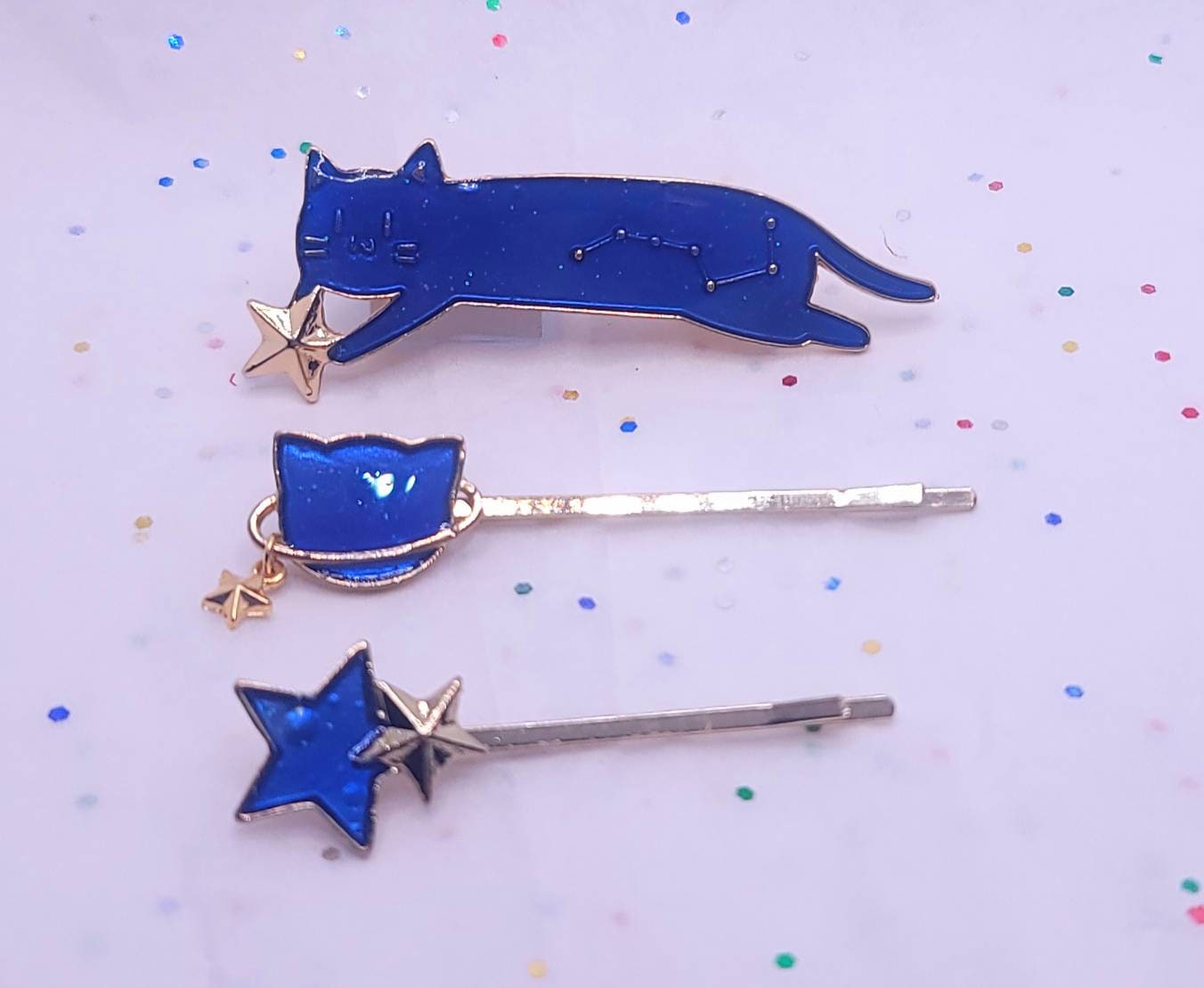 Starry Night Cat Enamel Hair Pins & Barrettes | Planet Stars Hairclips| Gold Hair Pins | Blue or Pink Cat