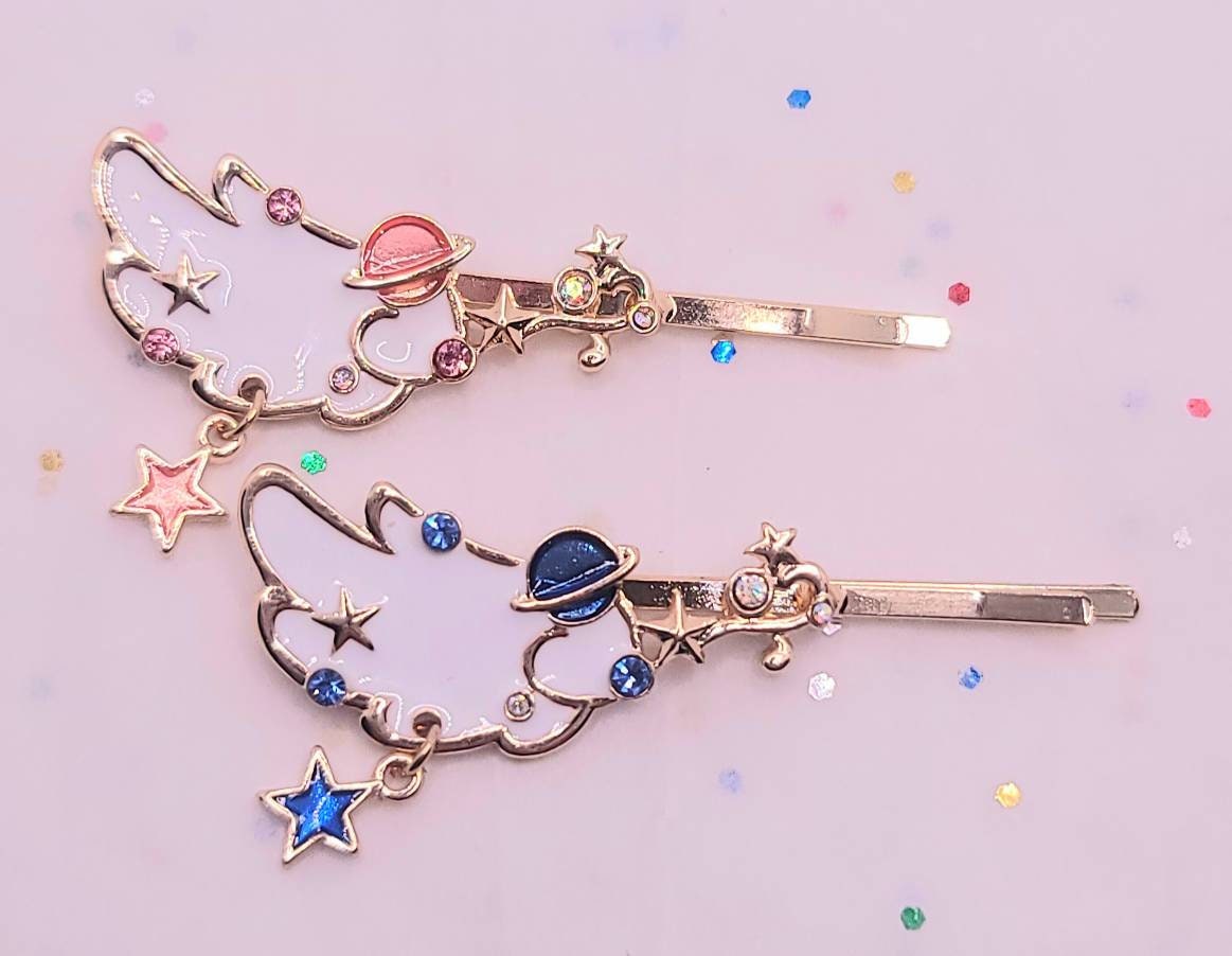 Angel Wings Hair Clips | Gold Galaxy Hair Pins | Planet Stars Wings Hair Clip | Lolita Girl Kawaii Cute Hair Accessories |