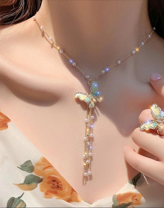 Dazzling Butterfly Dangle Tassel Choker Necklace Fashion +Pearls +Crystal Rhinestone+ Multiple Strands Gift for Her Jewelry Boho Dainty