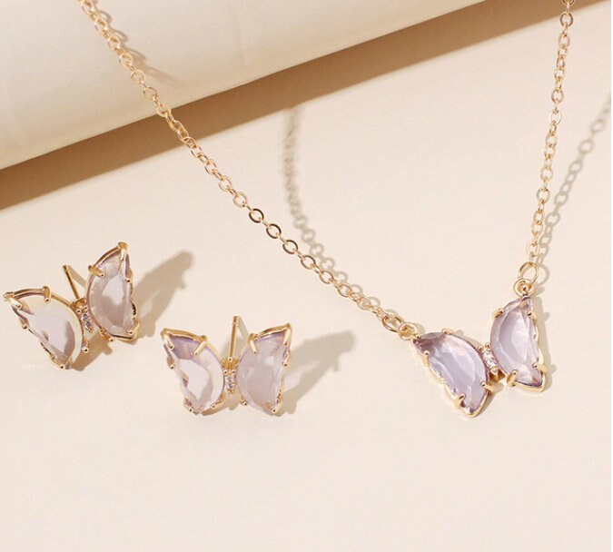 Crystal Transparent Glass Butterfly Necklace Earrings Gold Plated Rhinestones Gift for Her Valentine's Day Stud Earrings Set