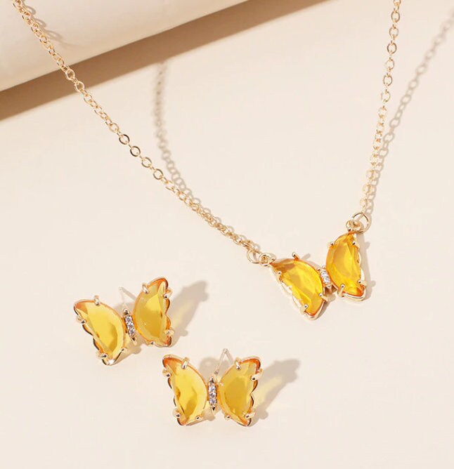 Crystal Transparent Glass Butterfly Necklace Earrings Gold Plated Rhinestones Gift for Her Valentine's Day Stud Earrings Set