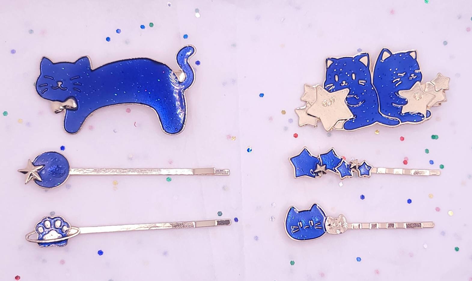 Galaxy Blue Cat Hair Clips | Stars Planet Hair Pin | Gold Bobby Pin | Enamel Hair Clips | Set of 3 |