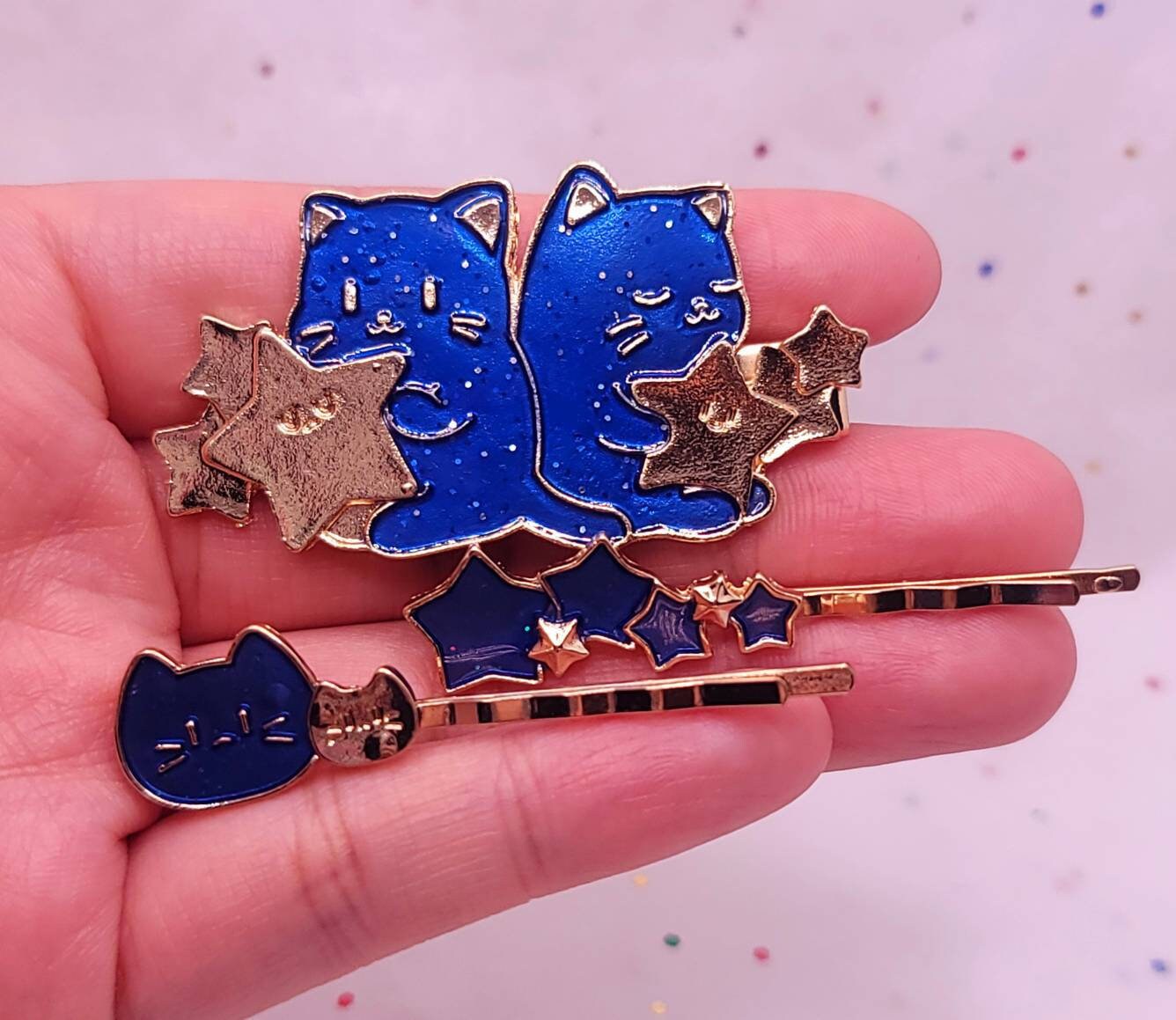 Galaxy Blue Cat Hair Clips | Stars Planet Hair Pin | Gold Bobby Pin | Enamel Hair Clips | Set of 3 |