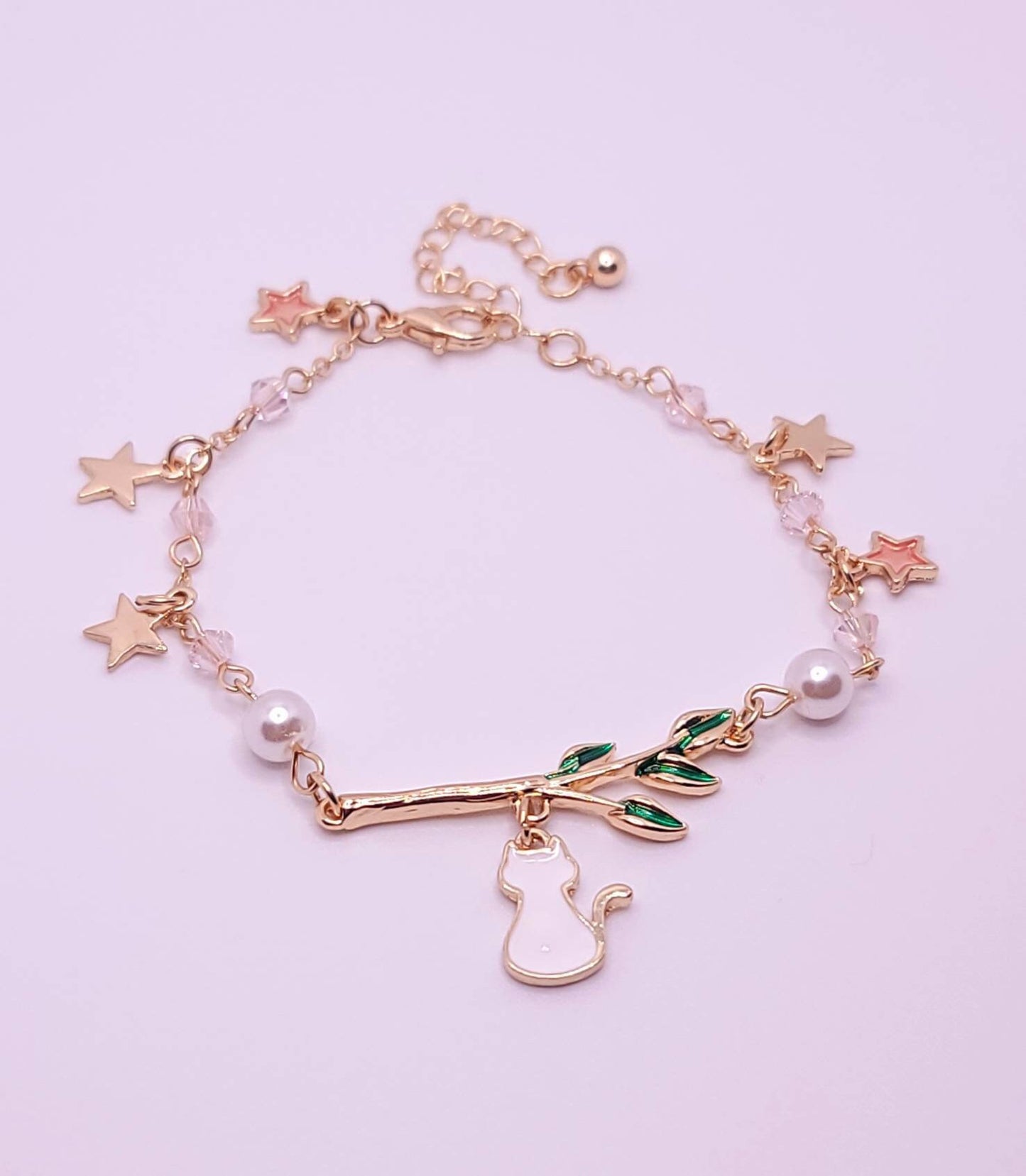 Cat Tree Branch Bracelet | Gold Stars Bracelet | Cat Charm Bracelet | Japanese Lolita | Kawaii Cute | Dainty Cat Stars Charm Bracelet