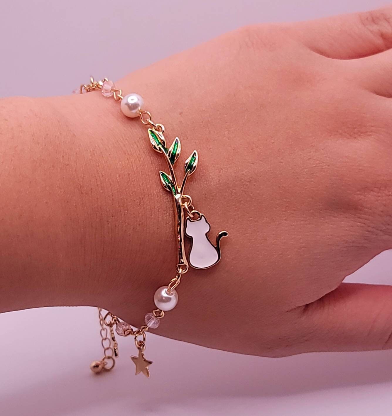 Cat Tree Branch Bracelet | Gold Stars Bracelet | Cat Charm Bracelet | Japanese Lolita | Kawaii Cute | Dainty Cat Stars Charm Bracelet