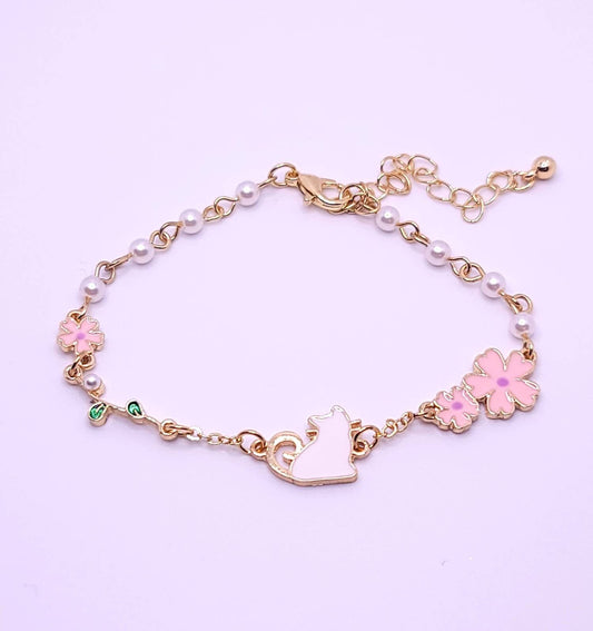 White Cat Charm Bracelet | Pink Cherry Blossom Bracelet | Japanese Lolita | Sitting Cat Charm | Gold Dainty Pearls Bracelet | Gift for Her