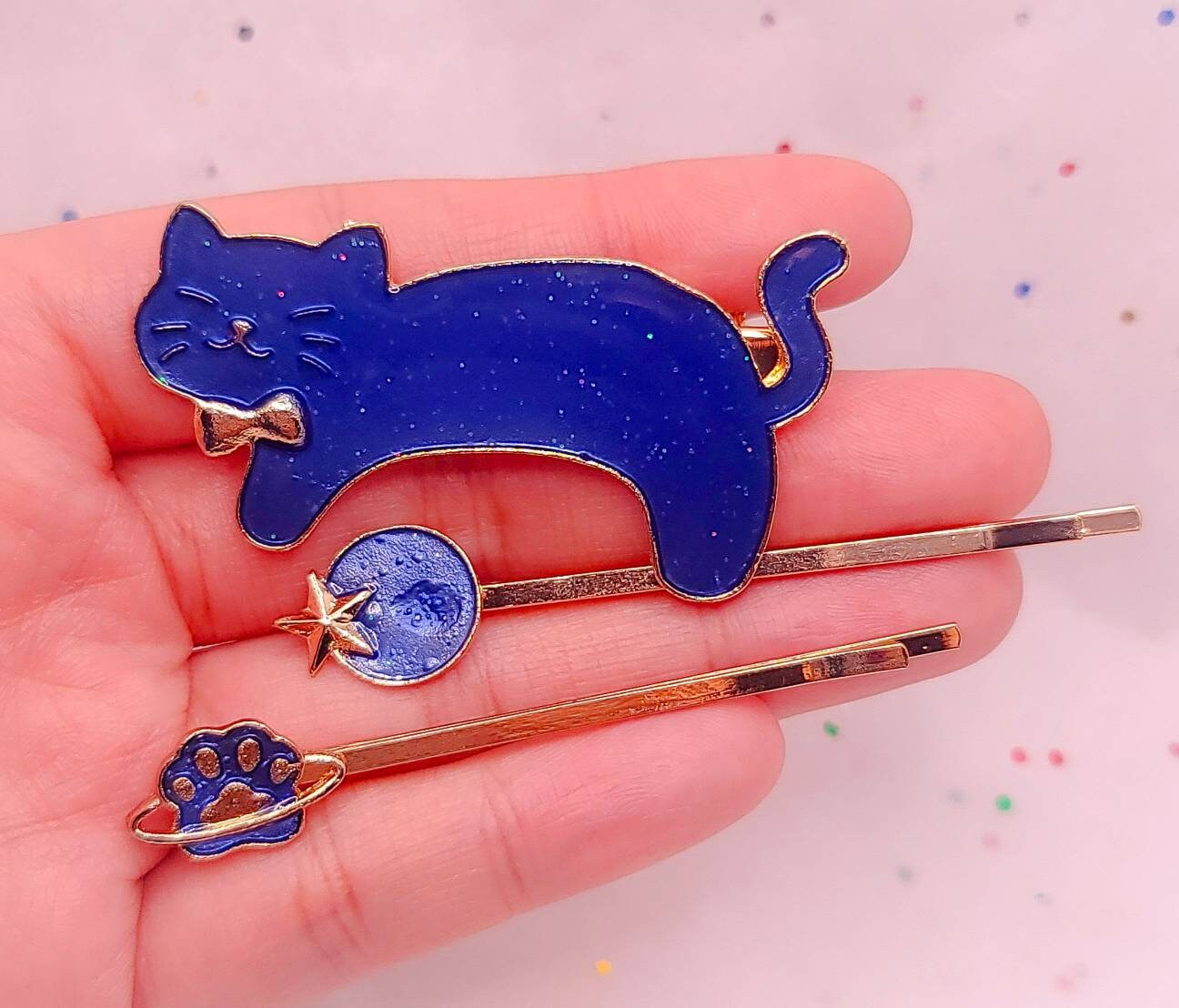 Galaxy Blue Cat Hair Clips | Stars Planet Hair Pin | Gold Bobby Pin | Enamel Hair Clips | Set of 3 |