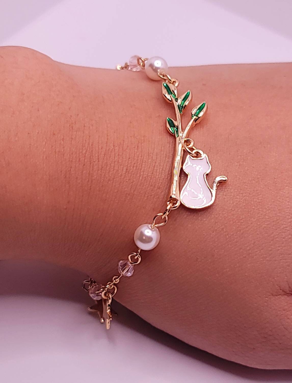 Cat Tree Branch Bracelet | Gold Stars Bracelet | Cat Charm Bracelet | Japanese Lolita | Kawaii Cute | Dainty Cat Stars Charm Bracelet