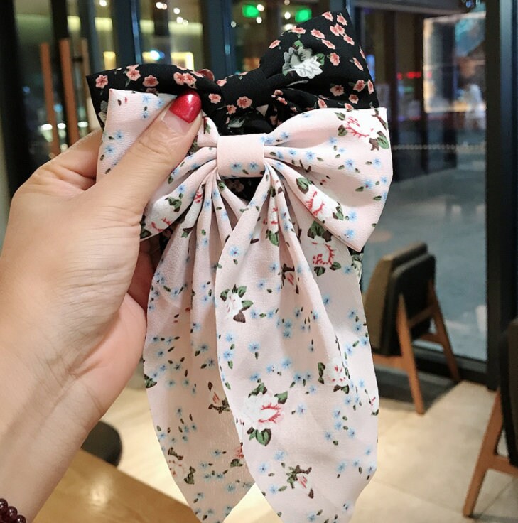 Chiffon Floral Hair Bow| Spring Flower Bow Hairpin| Big Cloth Bow Hairclip| Women Spring Floral Hair Accessories