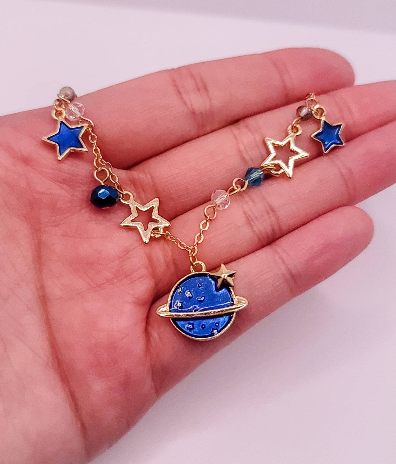 Celestial Planet Charm Bracelet | Saturn | Galaxy Charm Bracelet | Space Lover | Kawaii Cute Lolita | Moon and Stars | Dainty Bracelet