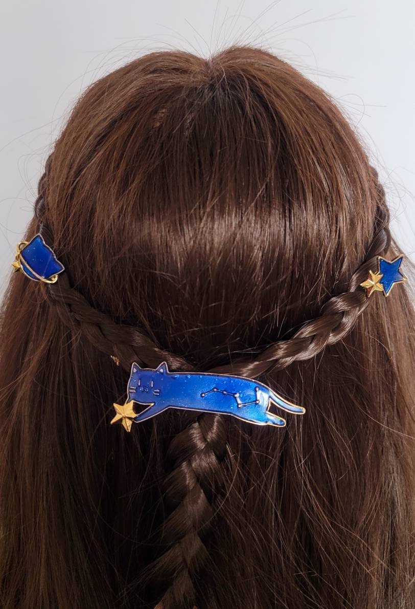 Starry Night Cat Enamel Hair Pins & Barrettes | Planet Stars Hairclips| Gold Hair Pins | Blue or Pink Cat