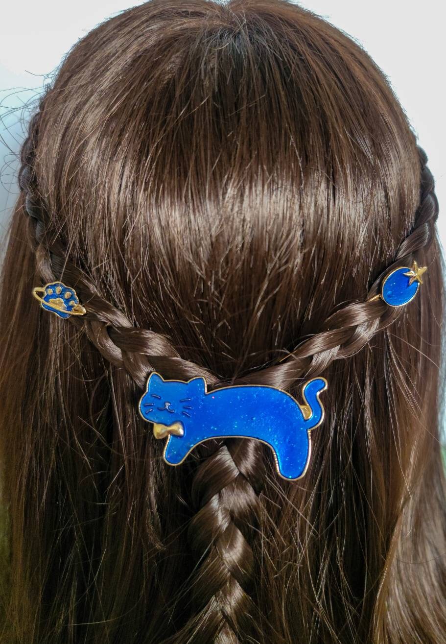 Galaxy Blue Cat Hair Clips | Stars Planet Hair Pin | Gold Bobby Pin | Enamel Hair Clips | Set of 3 |