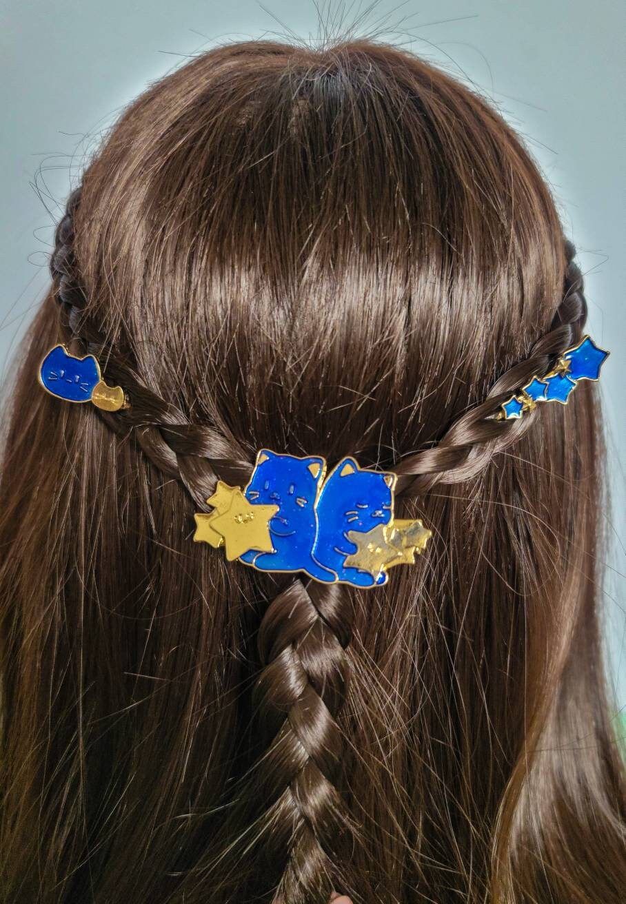 Galaxy Blue Cat Hair Clips | Stars Planet Hair Pin | Gold Bobby Pin | Enamel Hair Clips | Set of 3 |