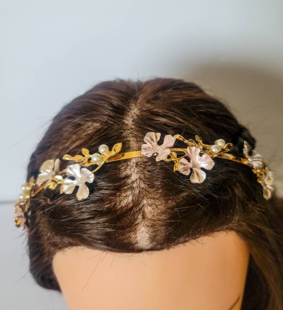 Metal Flower Headband | Gold Leaf Pearls Headpiece | Bridal Flower Crown Headband | Bridesmaid Wedding | Spring Accessories