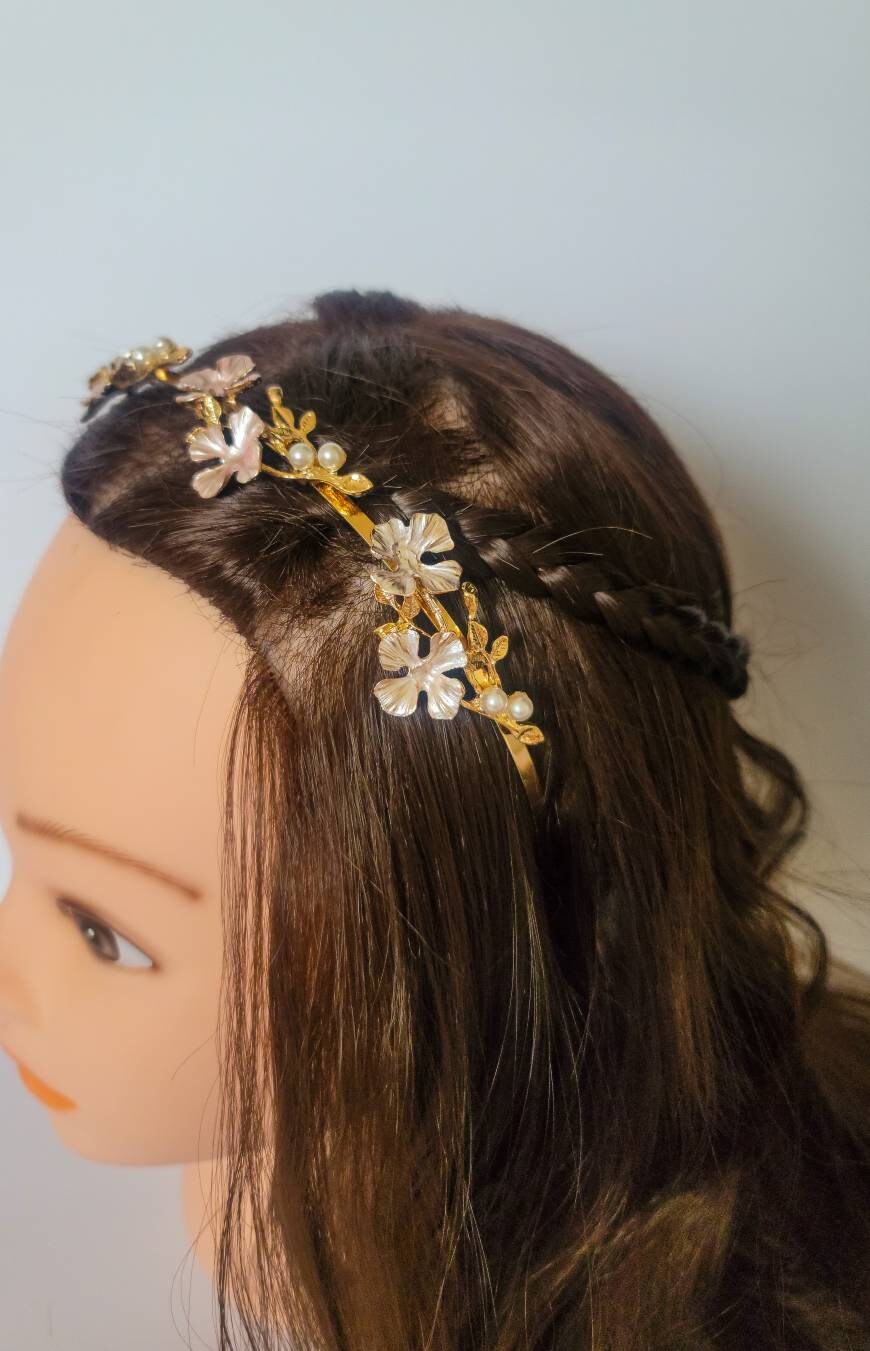 Metal Flower Headband | Gold Leaf Pearls Headpiece | Bridal Flower Crown Headband | Bridesmaid Wedding | Spring Accessories