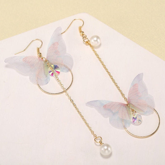 Asymmetric Butterfly Earrings | Gold Hoops | Butterfly Dangle Earrings | Pearl Tassel | CZ Earrings | Gold Ear Hooks | Gift for Women