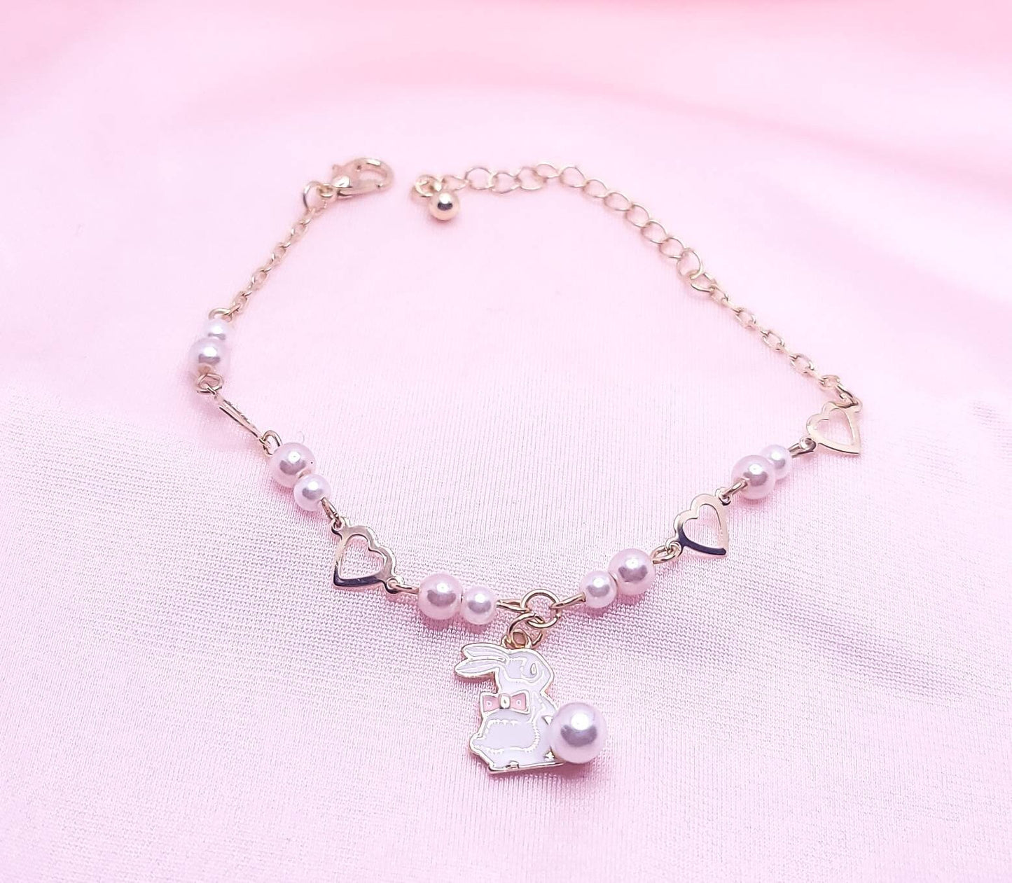 White Bunny Charm Bracelet| Gold Easter Rabbit Charm Bracelet | Dainty Hollow Hearts and Pearls Bracelet | Sitting Bunny Bow