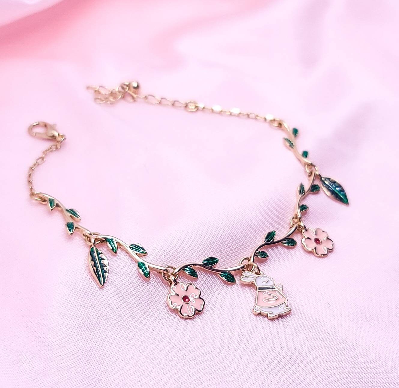 Bunny Charm Bracelet | Sakura Cherry Blossom Bracelet | Leaf Vine Bracelet | Japanese Lolita Fashion | Animal Jewelry