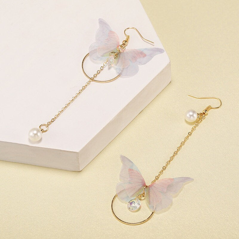 Asymmetric Butterfly Earrings | Gold Hoops | Butterfly Dangle Earrings | Pearl Tassel | CZ Earrings | Gold Ear Hooks | Gift for Women