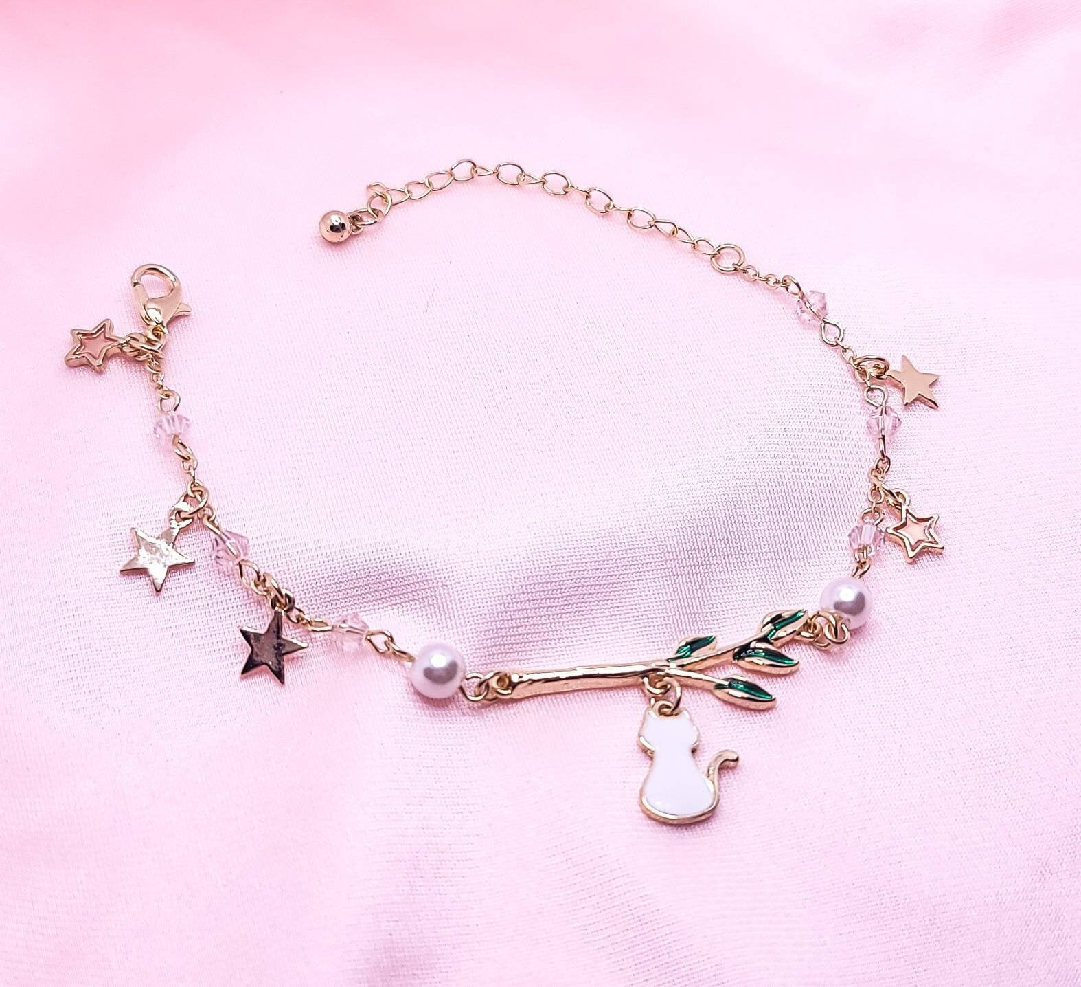 Cat Tree Branch Bracelet | Gold Stars Bracelet | Cat Charm Bracelet | Japanese Lolita | Kawaii Cute | Dainty Cat Stars Charm Bracelet