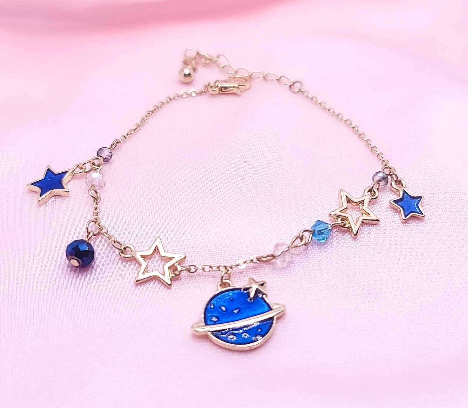 Celestial Planet Charm Bracelet | Saturn | Galaxy Charm Bracelet | Space Lover | Kawaii Cute Lolita | Moon and Stars | Dainty Bracelet